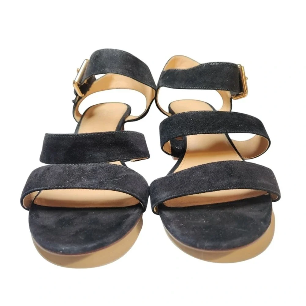 J Crew Three Strap‎ Suede Sandal Block Heel Black Ankle Strap Gold Buckle Prep 9